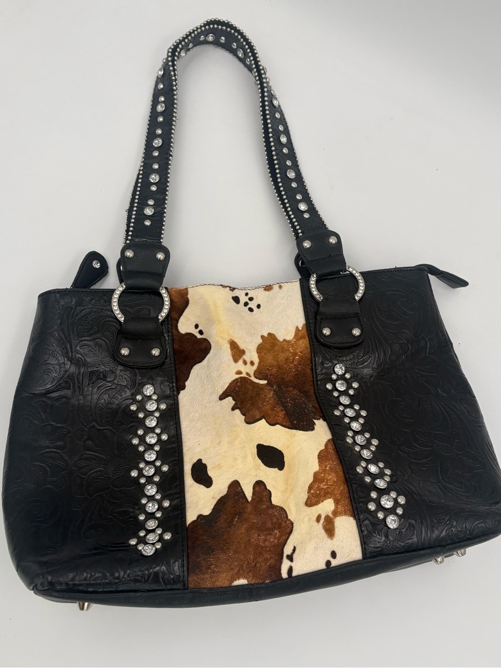 Country Road Western Leather Cowhide Rhinestone Shoulder Bag Y2K Cowgirl